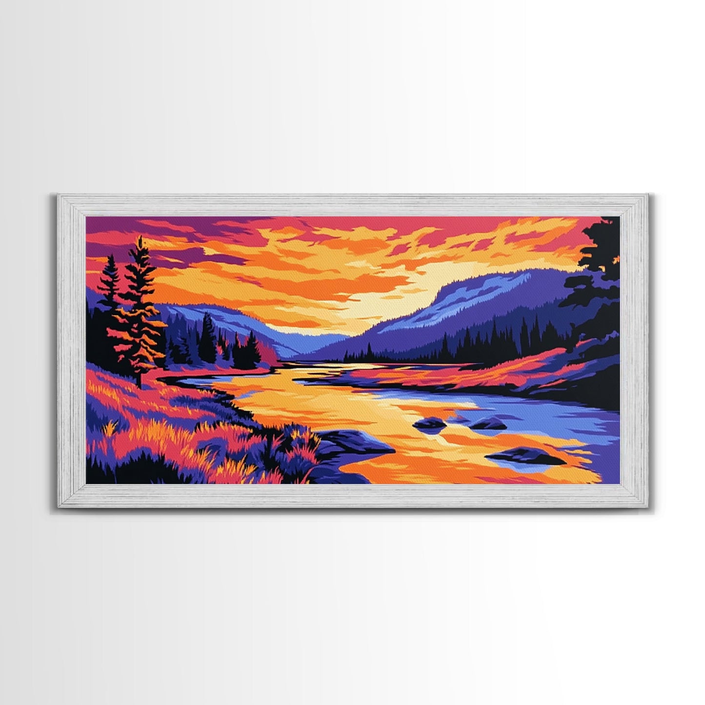 „Bergfluss im Glanz“, Leinwanddruck, Ruhige Landschaftskunst, Lebendige Naturszene, Rustikale Wanddekoration, Wohnzimmerkunst, Hüttenästhetik