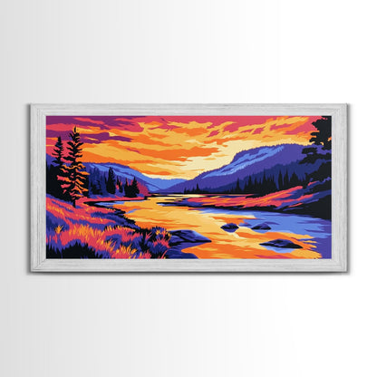 „Bergfluss im Glanz“, Leinwanddruck, Ruhige Landschaftskunst, Lebendige Naturszene, Rustikale Wanddekoration, Wohnzimmerkunst, Hüttenästhetik