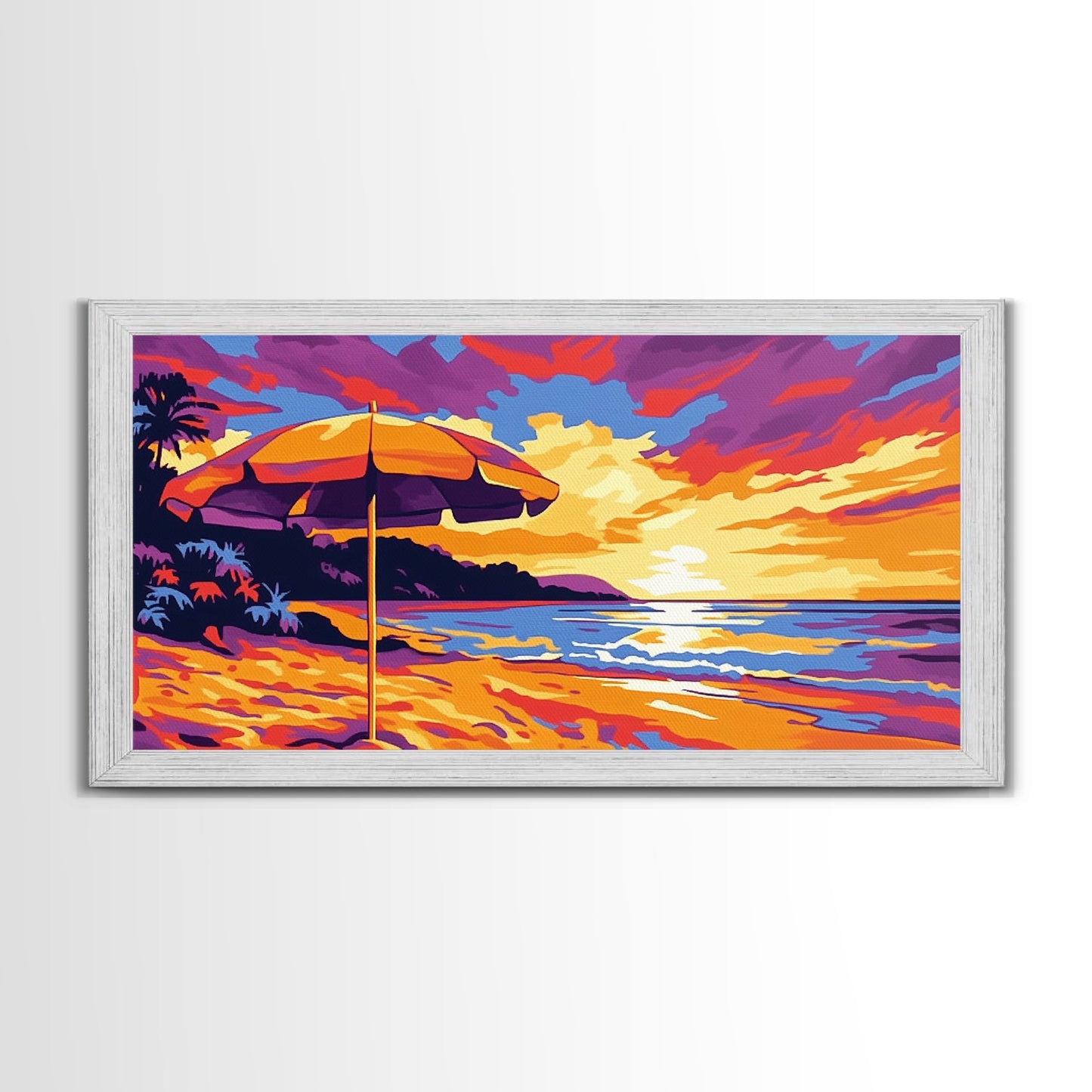 Beach Umbrella, Coastal Sunset Art, Vibrant Ocean Scene, Warm Tropical Decor, Beach Print, Canvas Print, Bedroom Wall Art, Lounge Art