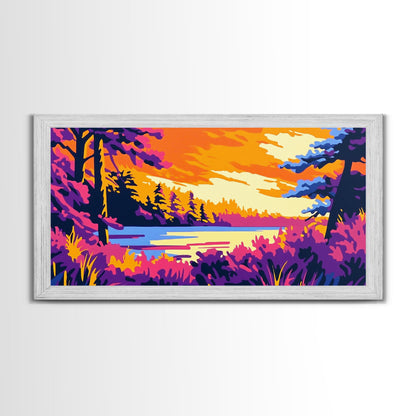 Forest Lake, Autumn Sunset, Vibrant Nature Scene, Rustic Cabin Wall Art, Cozy Home Aesthetic, Framed Canvas Print