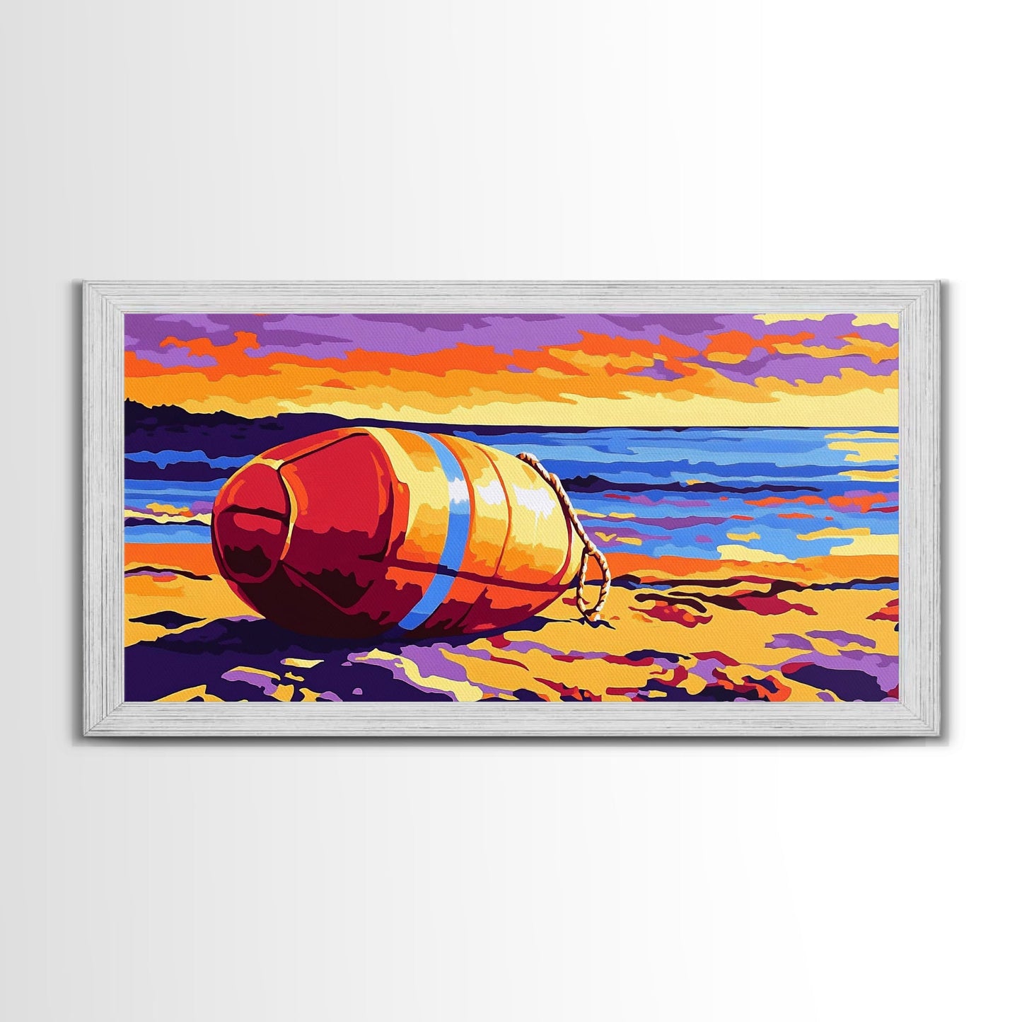 Beach Buoy, Coastal Sunset Painting, Vibrant Nautical Art, Ocean Shore Decor, Framed Canvas Print, Bathroom Wall Art, Beach House Style