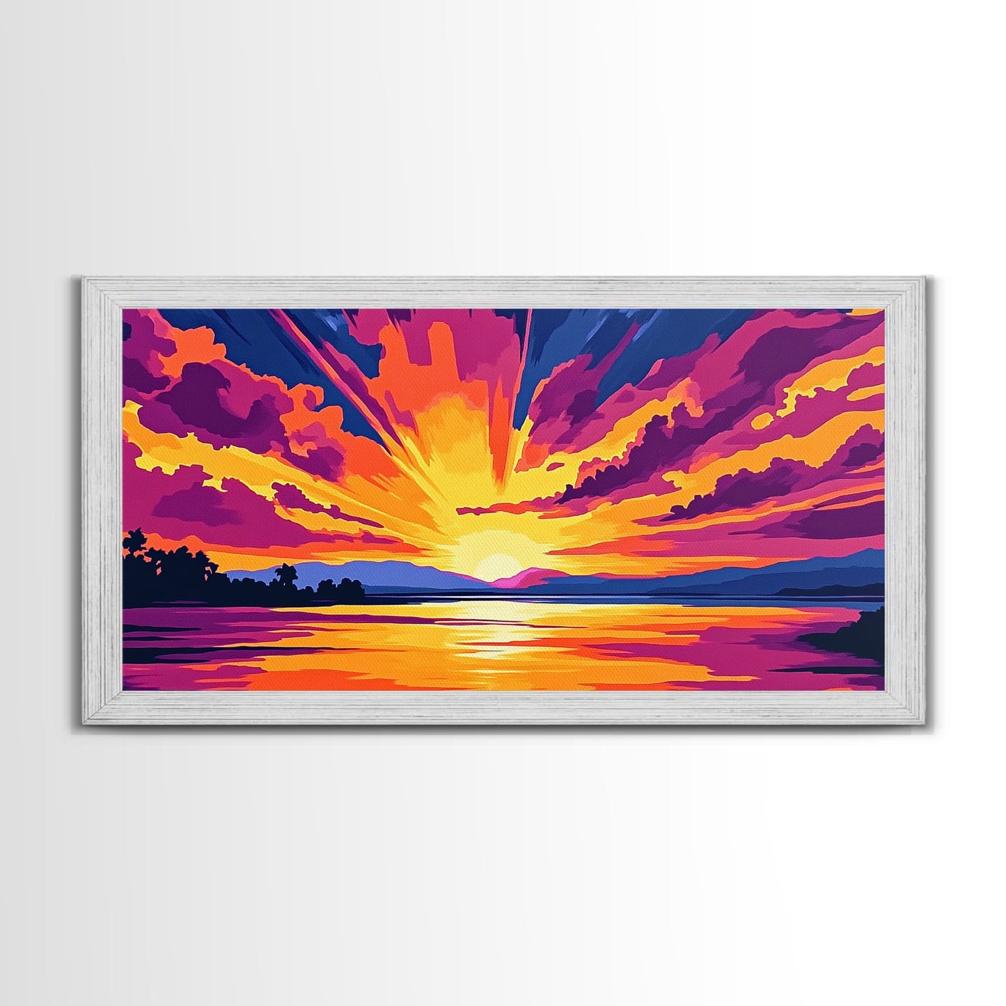 Vibrant River Sunset, Colorful Landscape Wall Art, Warm Nature Print, Bold Sky Painting, Autumn Home Decor, Framed Canvas Print