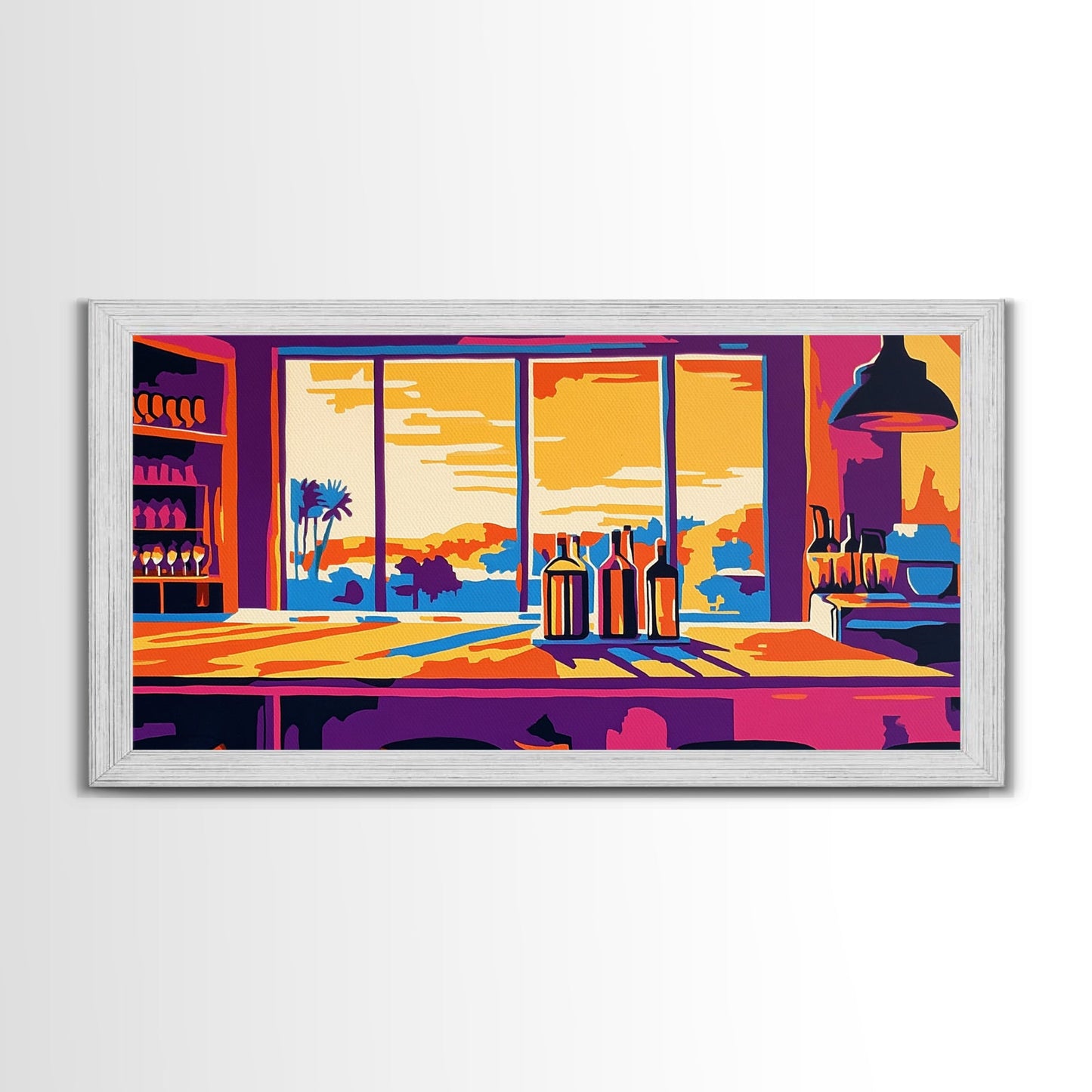 Bar Sunset, Wine Bottles, Cozy Kitchen, Framed Canvas Print, Wall Art, Modern Home, Dining Room, Cocktail Lounge, Warm Colors, Vibrant Art