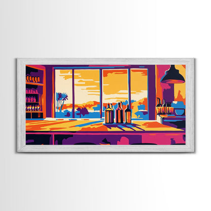 Bar Sunset, Wine Bottles, Cozy Kitchen, Framed Canvas Print, Wall Art, Modern Home, Dining Room, Cocktail Lounge, Warm Colors, Vibrant Art