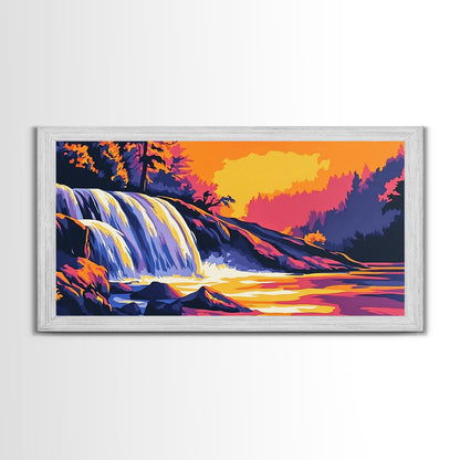 Waterfall, Forest, Autumn Sunset, Peaceful Scenery, Framed Canvas Print, Cabin Retreat, Rustic Home, Relaxing Nature, Vibrant Colors