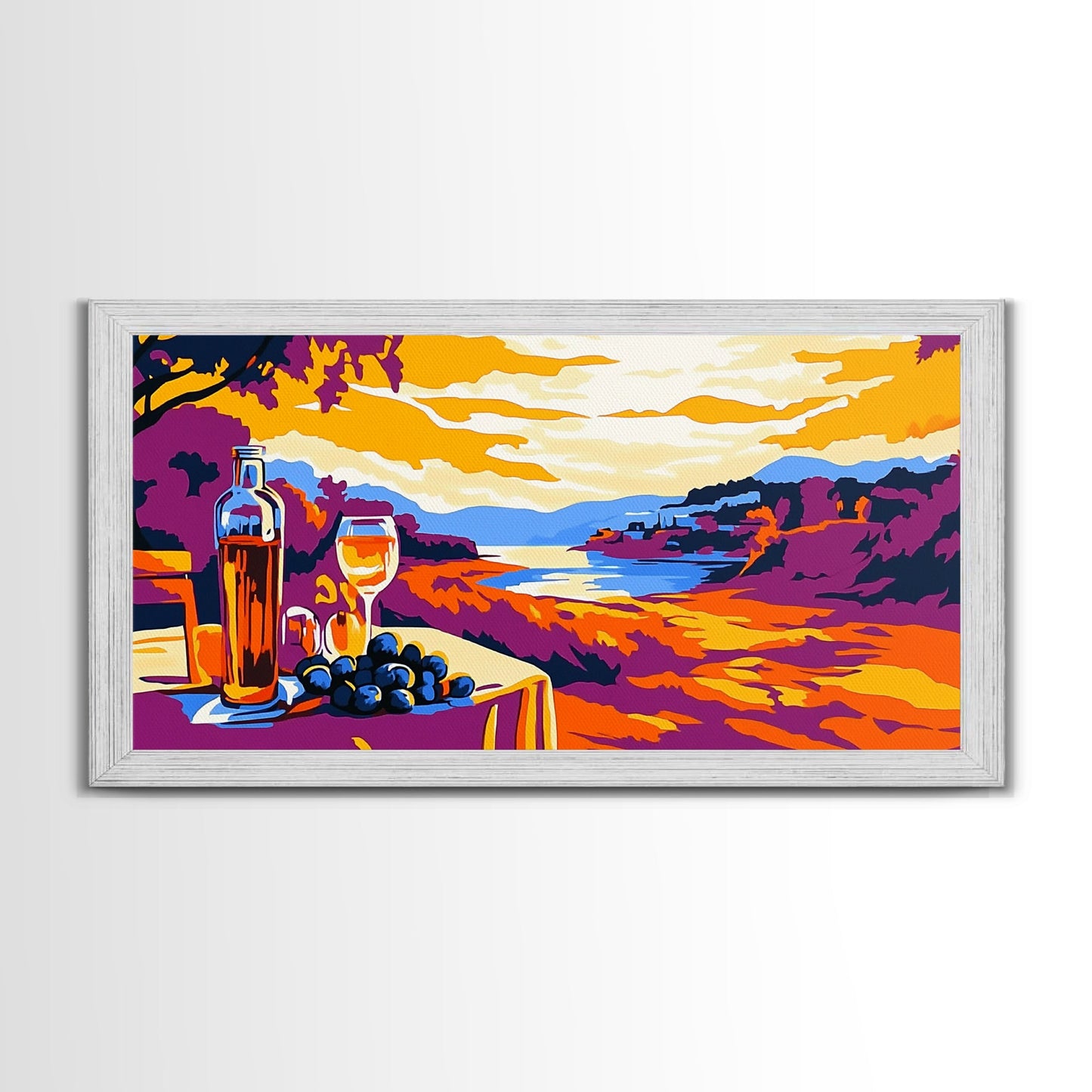 Wine and Sunset, Coastal Vineyard Art, Framed Canvas Print, Kitchen Wall Decor, Rustic Countryside Art, Tuscany Inspired
