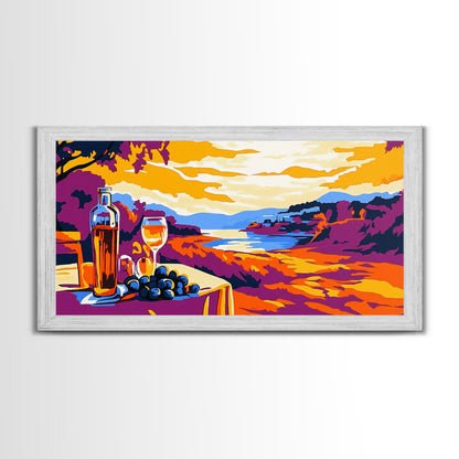 Wine and Sunset, Coastal Vineyard Art, Framed Canvas Print, Kitchen Wall Decor, Rustic Countryside Art, Tuscany Inspired