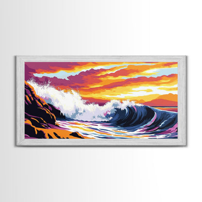 Crashing Wave, Sunset Surf, Nautical Wall Art, Framed Canvas Print, Coastal Decor, Ocean Lover Gift, Tropical Beach Art, Beach House Style