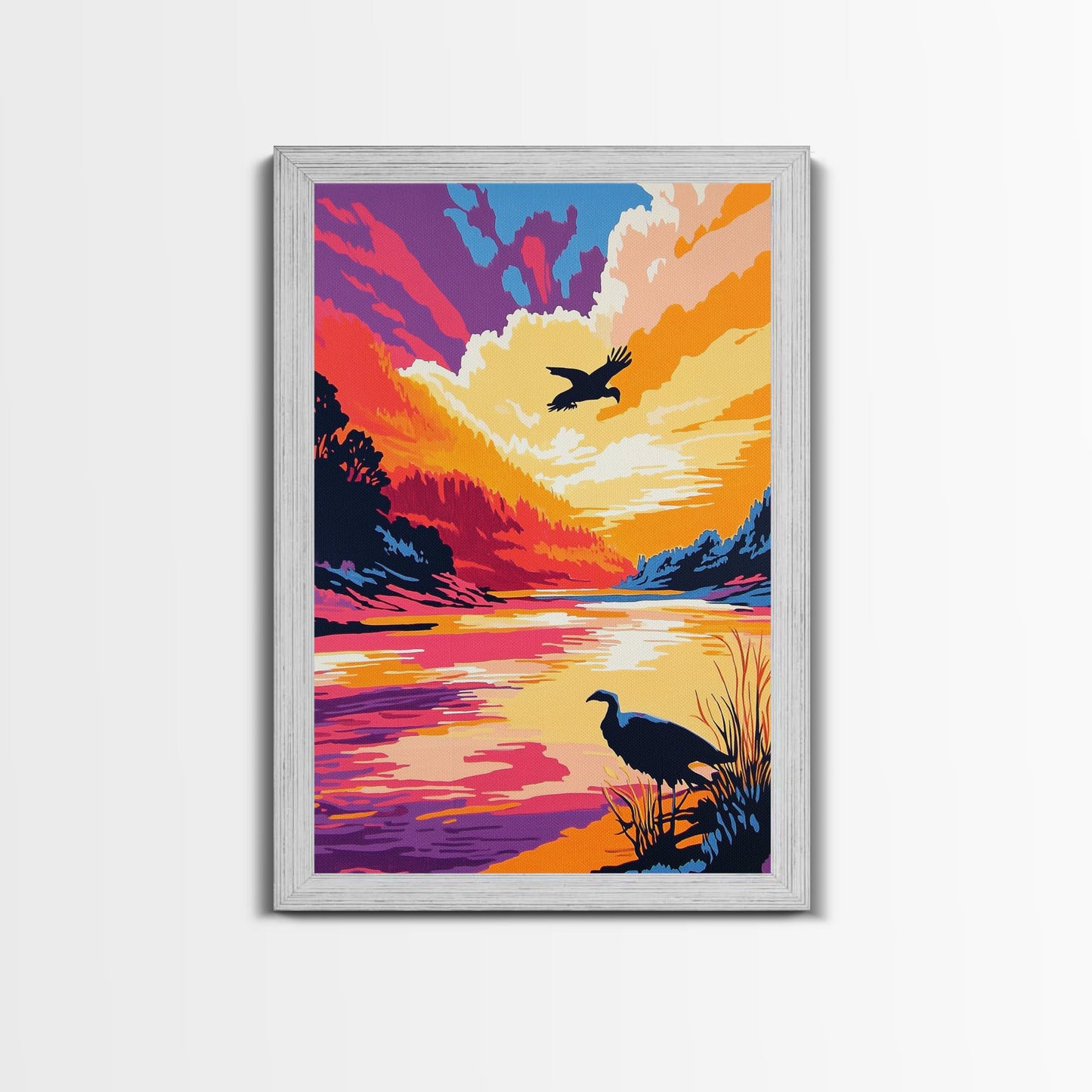 Sunset River, Birds, Framed Canvas Print, Vibrant Nature Art, Wildlife Wall Art, Autumn Landscape, Office Artwork, Colorful Sunset Scene