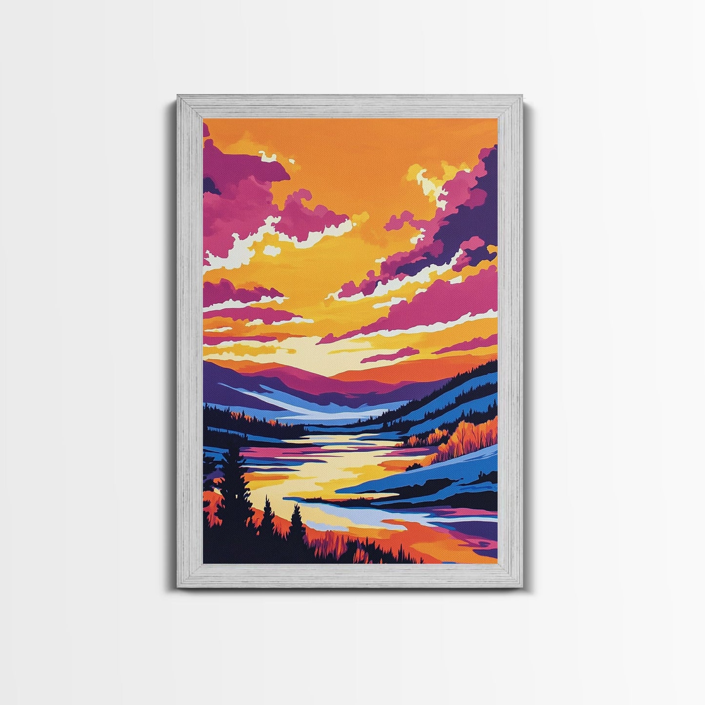 Sunset Valley, Reflection, Framed Canvas Print, Mountain River Art, Vibrant Landscape, Living Room Wall Art, Rustic Home Decor