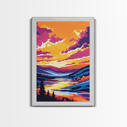 Sunset Valley, Reflection, Framed Canvas Print, Mountain River Art, Vibrant Landscape, Living Room Wall Art, Rustic Home Decor