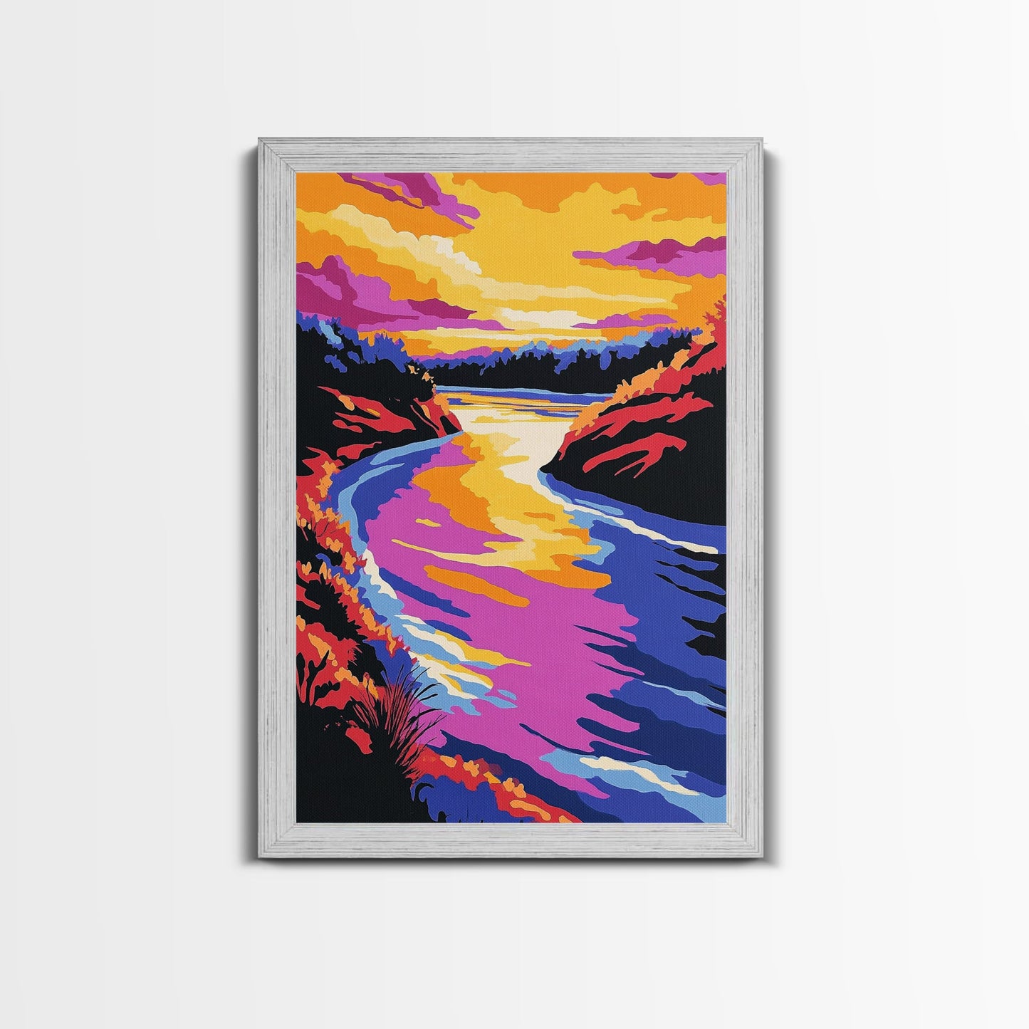 Sunset River Bend, Vibrant Landscape, Colorful Sky, Bold Nature, Framed Canvas Print, Living Room Art, Rustic Wall Decor, Boho Landscape