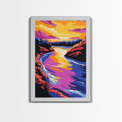 Sunset River Bend, Vibrant Landscape, Colorful Sky, Bold Nature, Framed Canvas Print, Living Room Art, Rustic Wall Decor, Boho Landscape