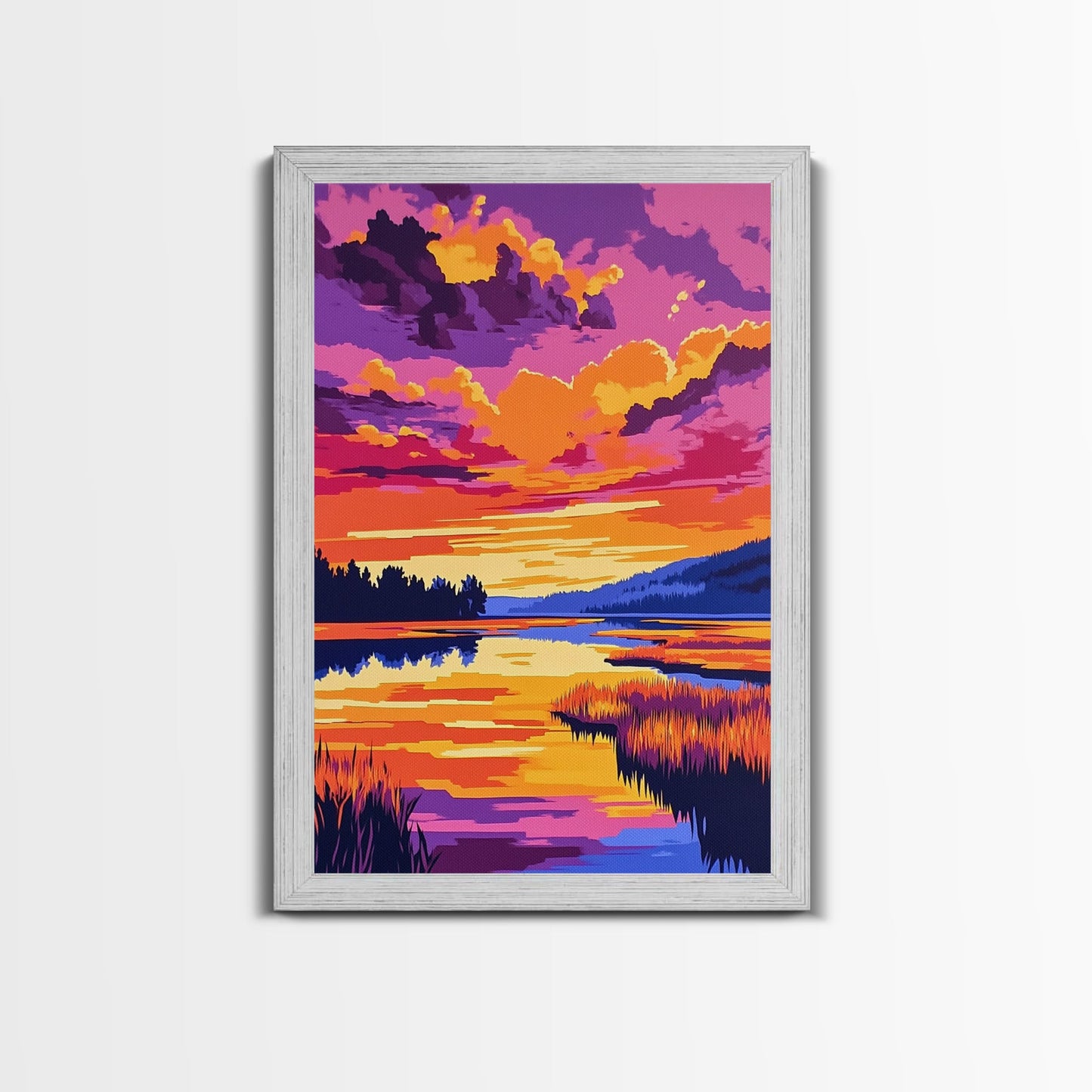 Sonnenuntergangsspiegelung, lebendige Naturkunst, Herbstlandschaft, malerische Wanddekoration, gerahmter Leinwanddruck, Wandbild fürs Wohnzimmer, Boho-Kunst