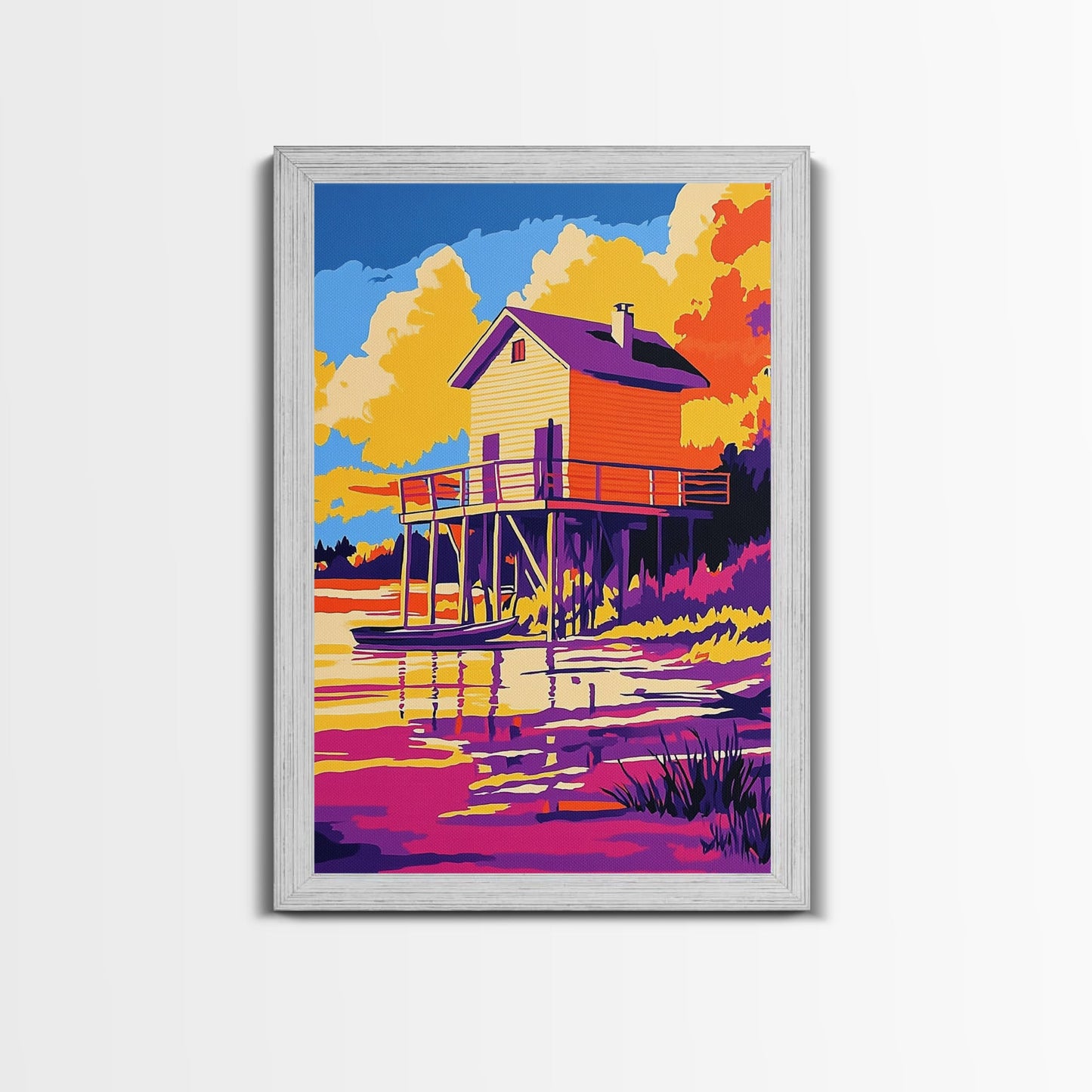 Sunset Cabin, Lake House, Scenic Art, Framed Canvas Print, Colorful Wall Art, Rustic Decor, Nature Painting, Living Room Wall Art