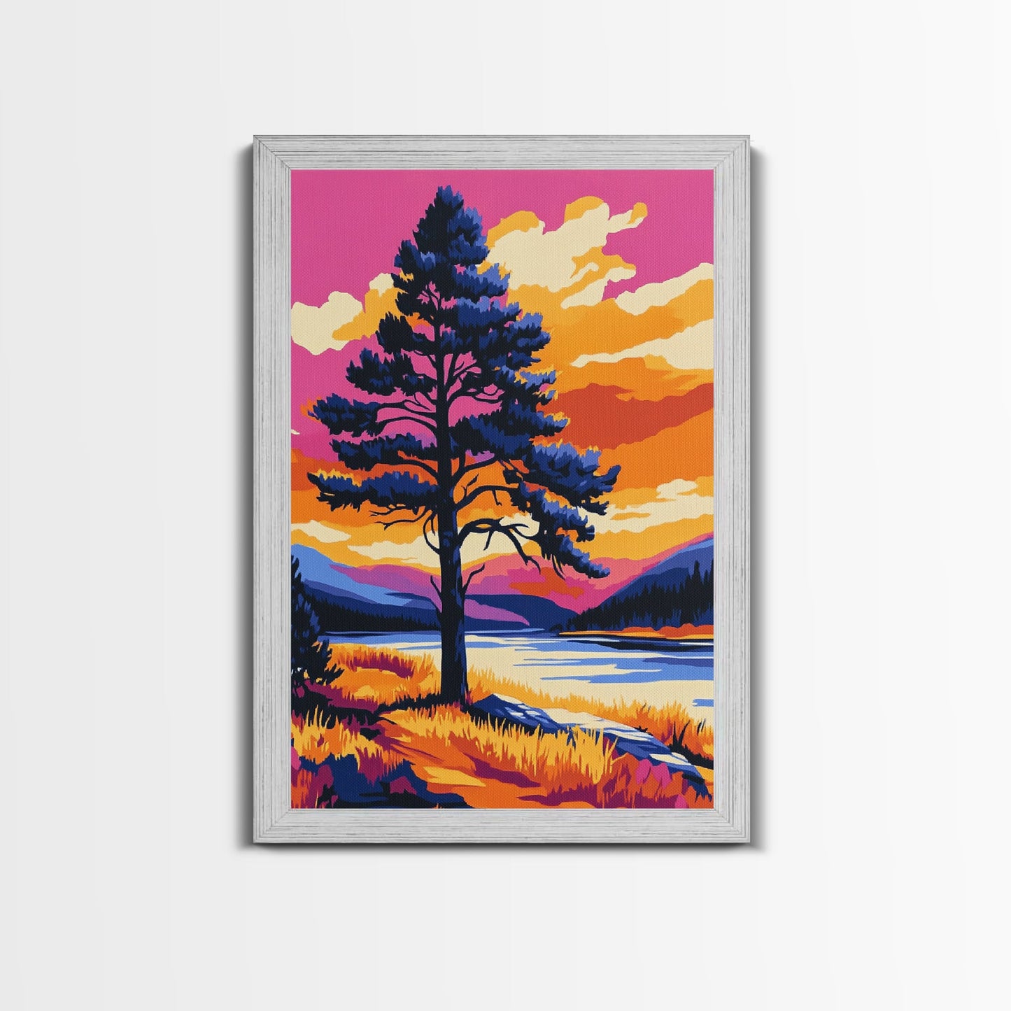 Lone Tree, Mountain Landscape, Vibrant Nature Art, Sunset Painting, Framed Canvas Print, Wilderness Decor, Autumn Wall Art, Office Decor
