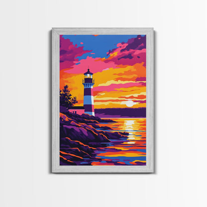 Leuchtturm, Sonnenuntergang, Küste, Meereslandschaft, gerahmter Leinwanddruck, nautische Dekoration, Wandbild fürs Strandhaus, lebendiges Ozeangemälde, Wohnzimmerkunst