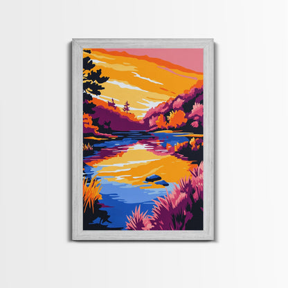 Tranquil Stream, Sunset Reflection, Framed Canvas Print, Cozy Wall Art, Nature Retreat Decor, Living Room Artwork, Serene Landscape