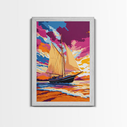 Sailing, Ocean Sunset, Nautical Art, Framed Canvas Print, Coastal Wall Art, Vibrant Seascape, Living Room Decor, Beach House Art