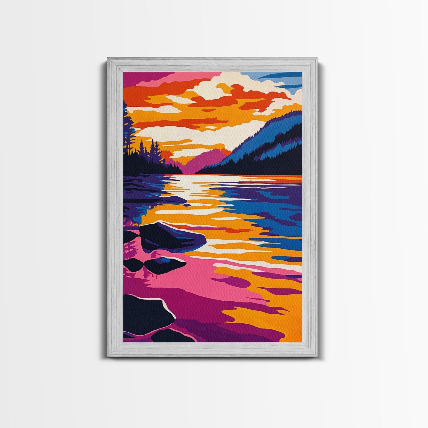 Lake, Reflective Sunset, Tranquil Nature, Canvas Print, Serene Landscape, Home Wall Art, Mountain View Decor, Living Room Artwork