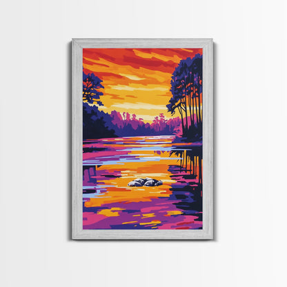 River Sunset, Nature Reflection, Forest Landscape, Peaceful Water, Framed Canvas Print, Boho Art, Rustic Wall Art, Bedroom Decor