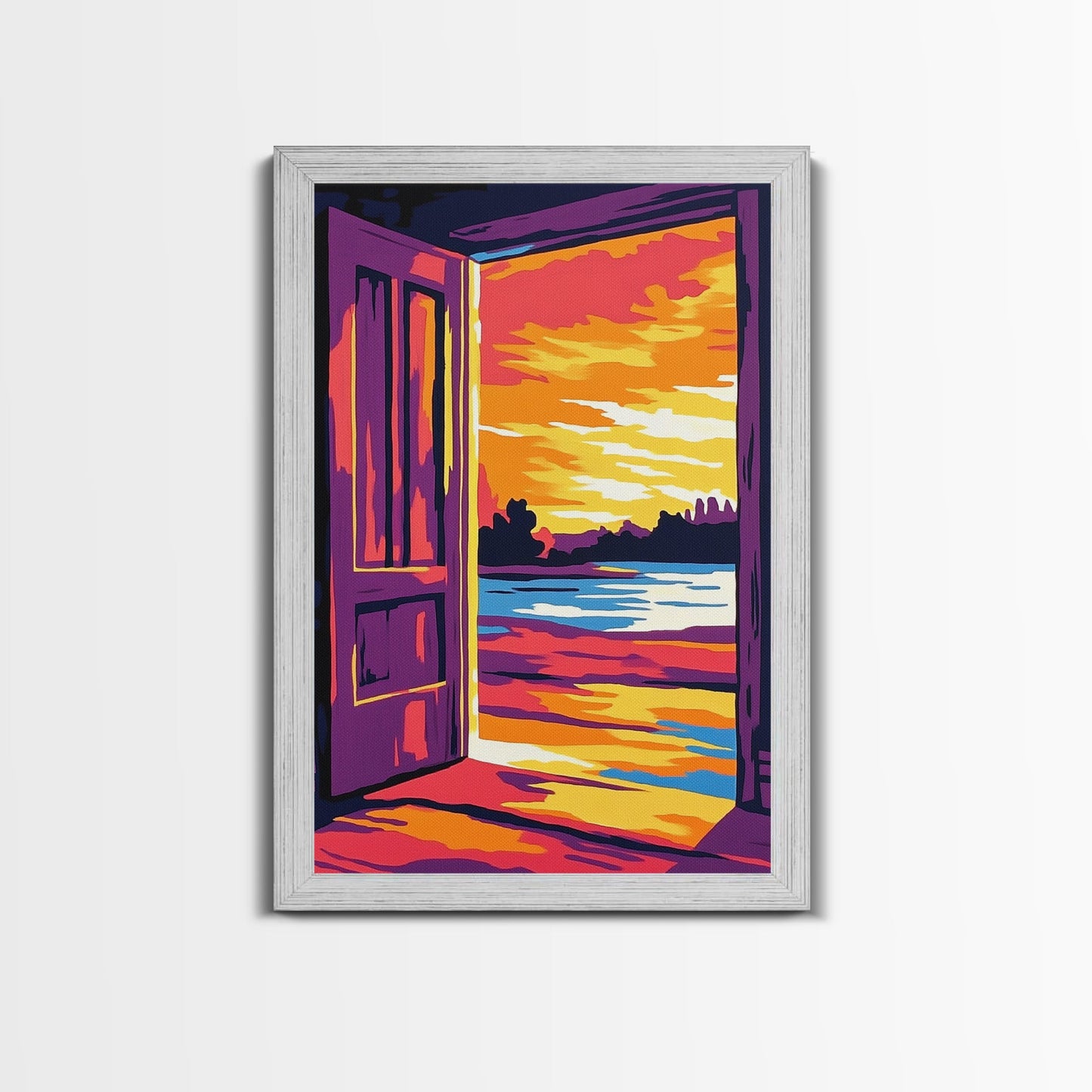 Offene Tür, Sonnenuntergangsmotiv, Gemälde mit warmem Licht, Einladende Wohndekoration, Inspirierende Wandkunst, Gemütliche Inneneinrichtung, Gerahmter Leinwanddruck