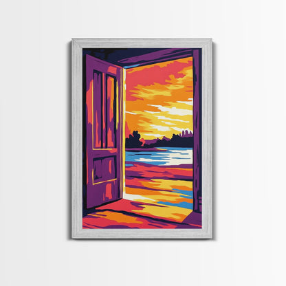 Offene Tür, Sonnenuntergangsmotiv, Gemälde mit warmem Licht, Einladende Wohndekoration, Inspirierende Wandkunst, Gemütliche Inneneinrichtung, Gerahmter Leinwanddruck