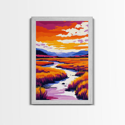 River Landscape Painting, Autumn Wall Art, Nature Inspired Print, Warm Color Palette, Framed Canvas Print, Cozy Living Room Decor