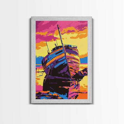 Shipwreck, Abandoned, Sunset, Canvas Print, Nautical Wall Art, Coastal Home Decor, Weathered Beauty, Beach House, Maritime Aesthetic