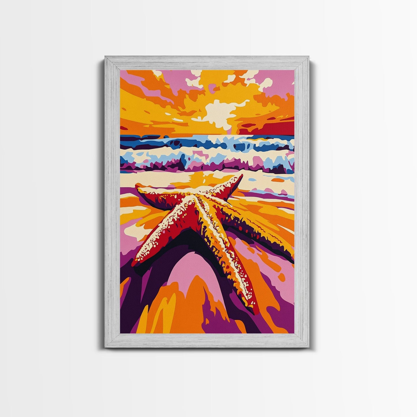 Starfish Beach, Ocean Sunset, Coastal Decor, Framed Canvas Print, Nautical Wall Art, Beach House Decor, Vibrant Painting, Summer Vibes