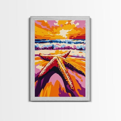 Starfish Beach, Ocean Sunset, Coastal Decor, Framed Canvas Print, Nautical Wall Art, Beach House Decor, Vibrant Painting, Summer Vibes