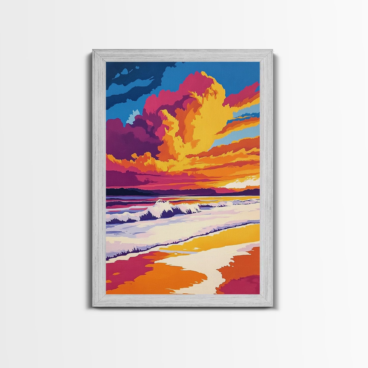 Beach Sunset, Vibrant Waves, Ocean Wall Art, Coastal Decor, Framed Canvas Print, Tropical Art, Living Room Art, Summer Aesthetic