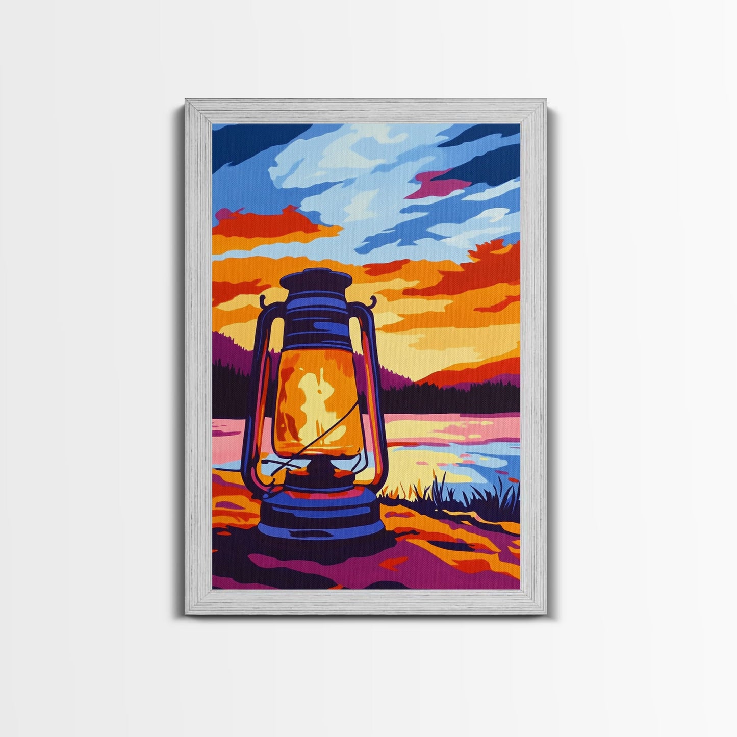 Lantern Glow, Rustic Camping Art, Warm Night Scene, Sunset Painting, Framed Canvas Print, Cabin Wall Art, Nature Decor, Outdoor Aesthetic