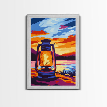 Lantern Glow, Rustic Camping Art, Warm Night Scene, Sunset Painting, Framed Canvas Print, Cabin Wall Art, Nature Decor, Outdoor Aesthetic