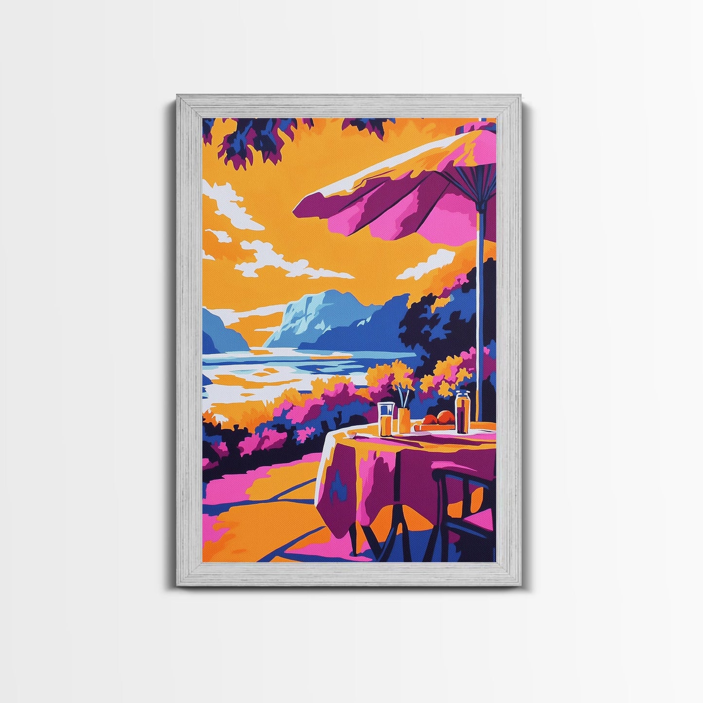 Outdoor Dining, Scenic View, Summer Patio Art, Relaxing Wall Decor, Cafe Scene, Vacation Aesthetic, Framed Canvas Print, Gift Idea