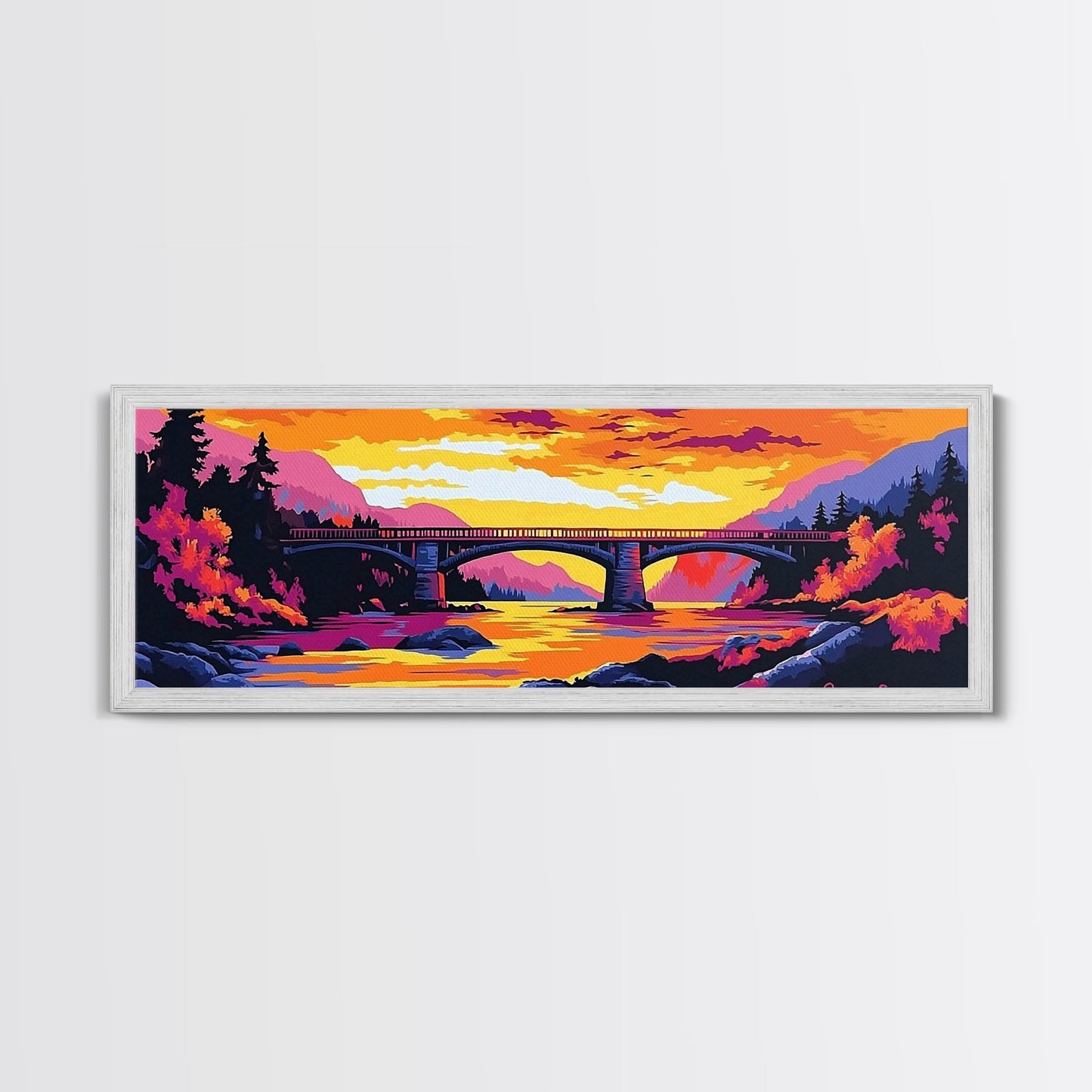 Stone Bridge, River Sunset, Autumn Art, Nature Scene, Living Room Wall Art, Colorful Home Decor, Canvas Print, Modern Landscape