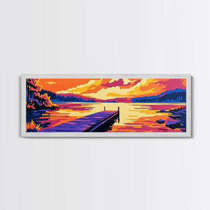 Sunset Lake, vibrant landscape, nature wall art, modern decor, colorful painting, Living Room Wall Art, Canvas Print, Framed Canvas Print