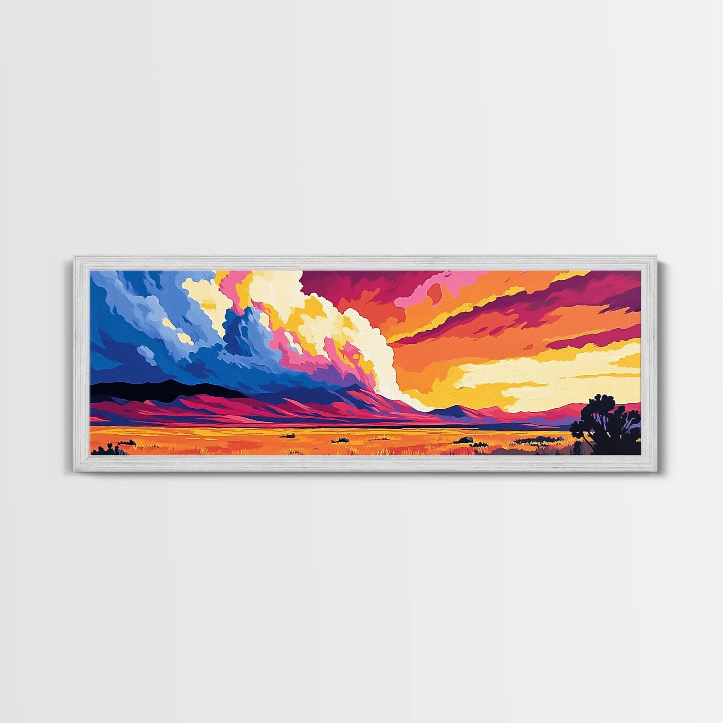 Mountain Clouds, colorful sunset, nature scenery, abstract sky painting, vibrant home decor, Office Wall Art, Framed Canvas Print