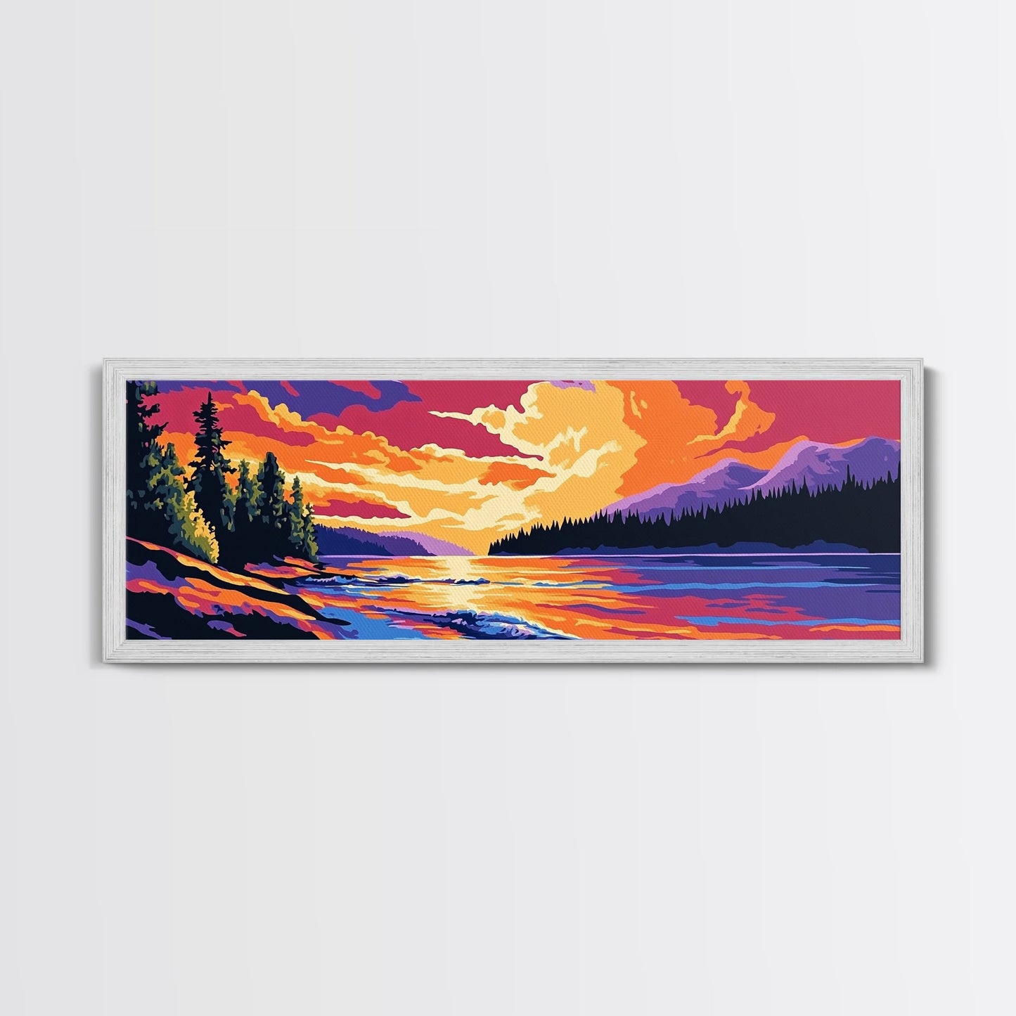 River Sunset, pine forest, mountain landscape, nature decor, cabin retreat, Fall Wall Art, Canvas Print, Framed Canvas Print