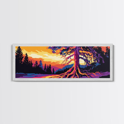 Lebendiger Baum, Sonnenuntergangsmotiv, gerahmter Leinwanddruck, Natur-Wanddeko, psychedelische Kunst, Boho-Landschaft, großes Wandbild, Bürodekoration