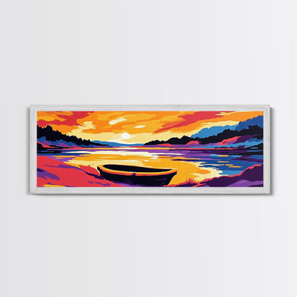 Sunset Boat, Serene Lake, Framed Canvas Print, Tranquil Water Art, Calm Landscape, Warm Color Palette, Boho Home Decor, Bedroom Wall Art
