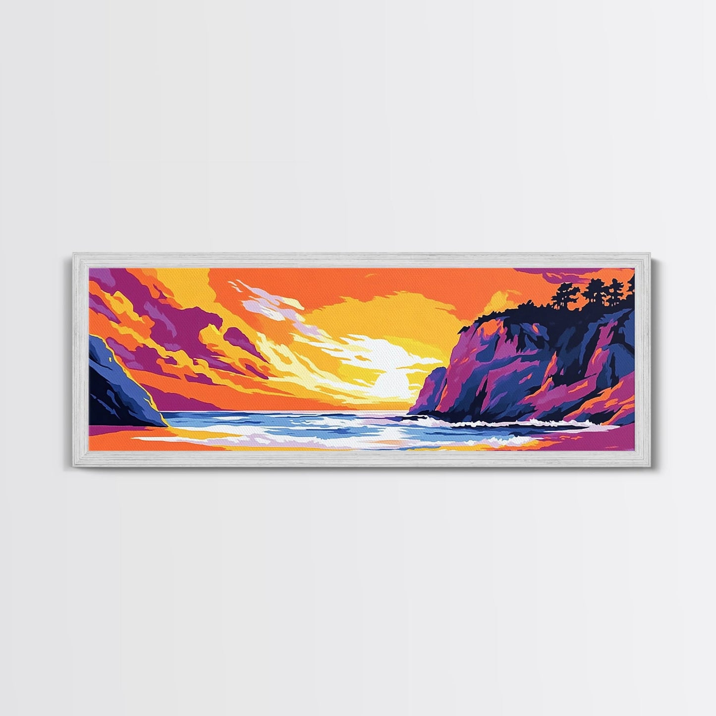 Cliffside Beach, Ocean Waves, Sunset Paradise, Framed Canvas Print, Coastal Landscape Art, Relaxing Home Decor, Vibrant Summer Vibes
