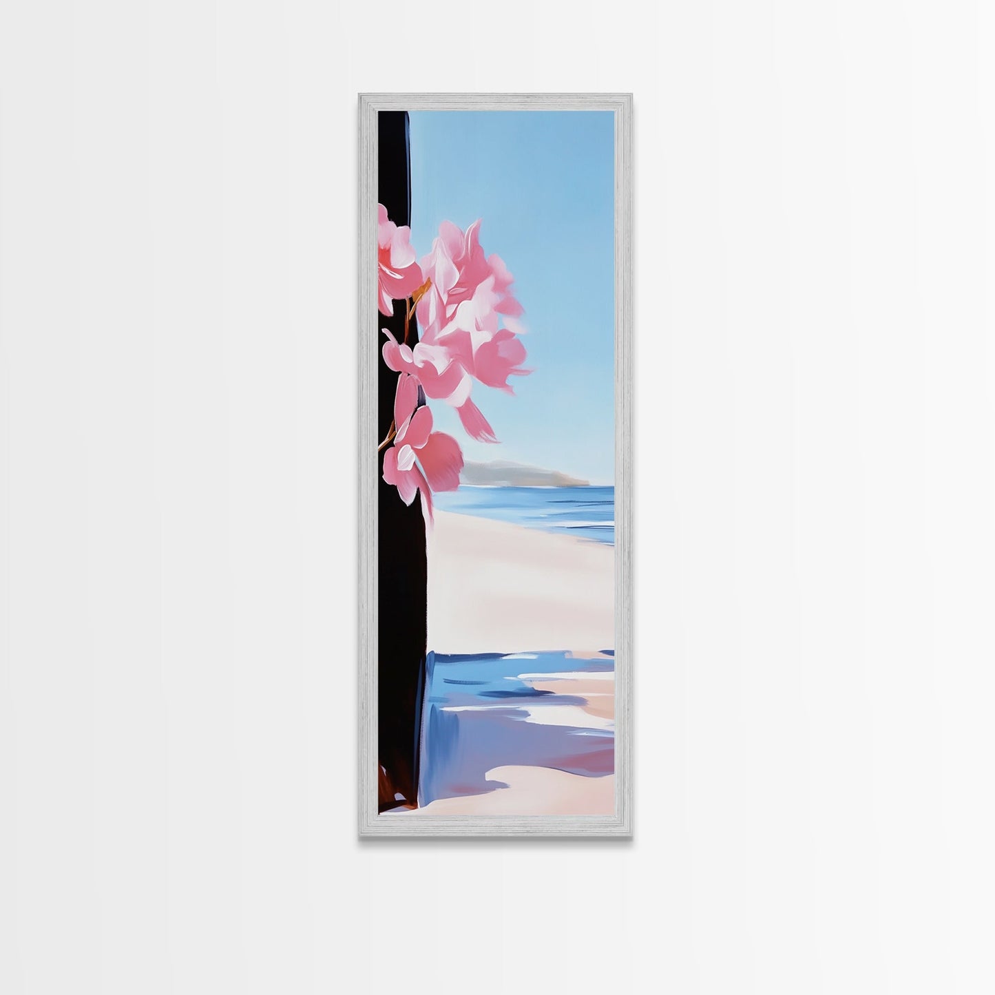 Blossom Beach, Floral Coastal Art, Pink and Blue Decor, Modern Seascape, Romantic Spring Aesthetic, Dreamy Nature Scene, Canvas Print