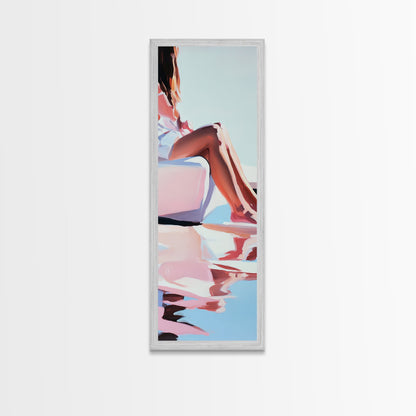 Sonniger Pool, elegante Frauenkunst, minimalistische feminine Dekoration, Sommergemälde, warme und ruhige Ästhetik, gerahmter Leinwanddruck