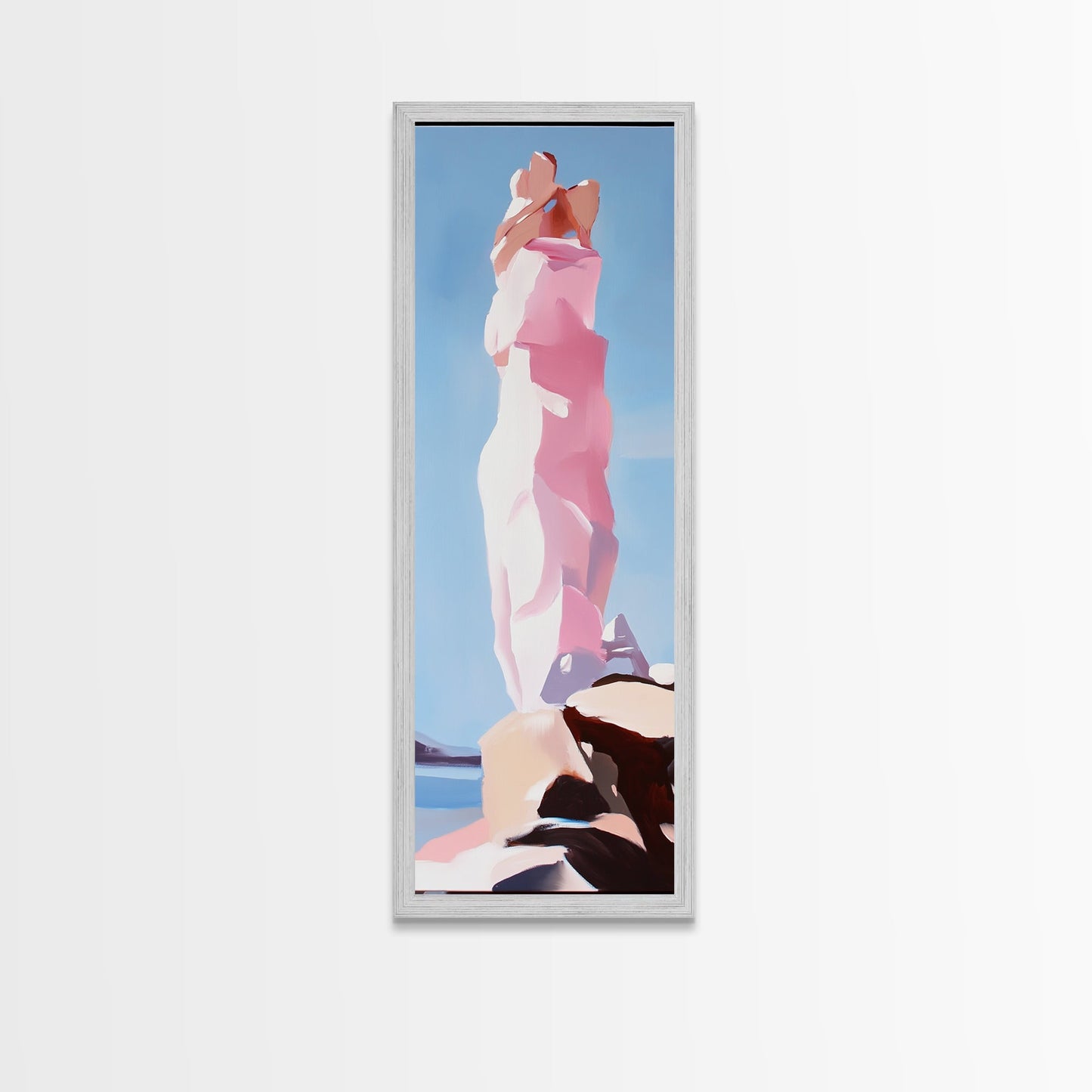 Surreale Felsformation, abstrakte Naturkunst, verträumtes Landschaftsgemälde, minimalistischer blauer Himmel, Wandbild fürs Büro, Leinwanddruck