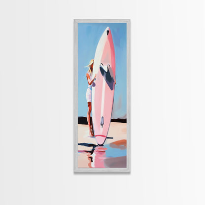 Surfbrett-Mädchen, Sommerstrand, Küstenästhetik, Leinwanddruck, Boho-Wandkunst, Minimalistisches Gemälde, Wohnzimmerdeko, Geschenk, Pastell
