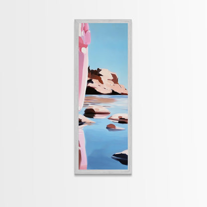 Rocky Shore, Lake Scene, Tranquil Nature Painting, Framed Canvas Print, Serene Water Reflection, Earthy Coastal Art, Living Room Decor