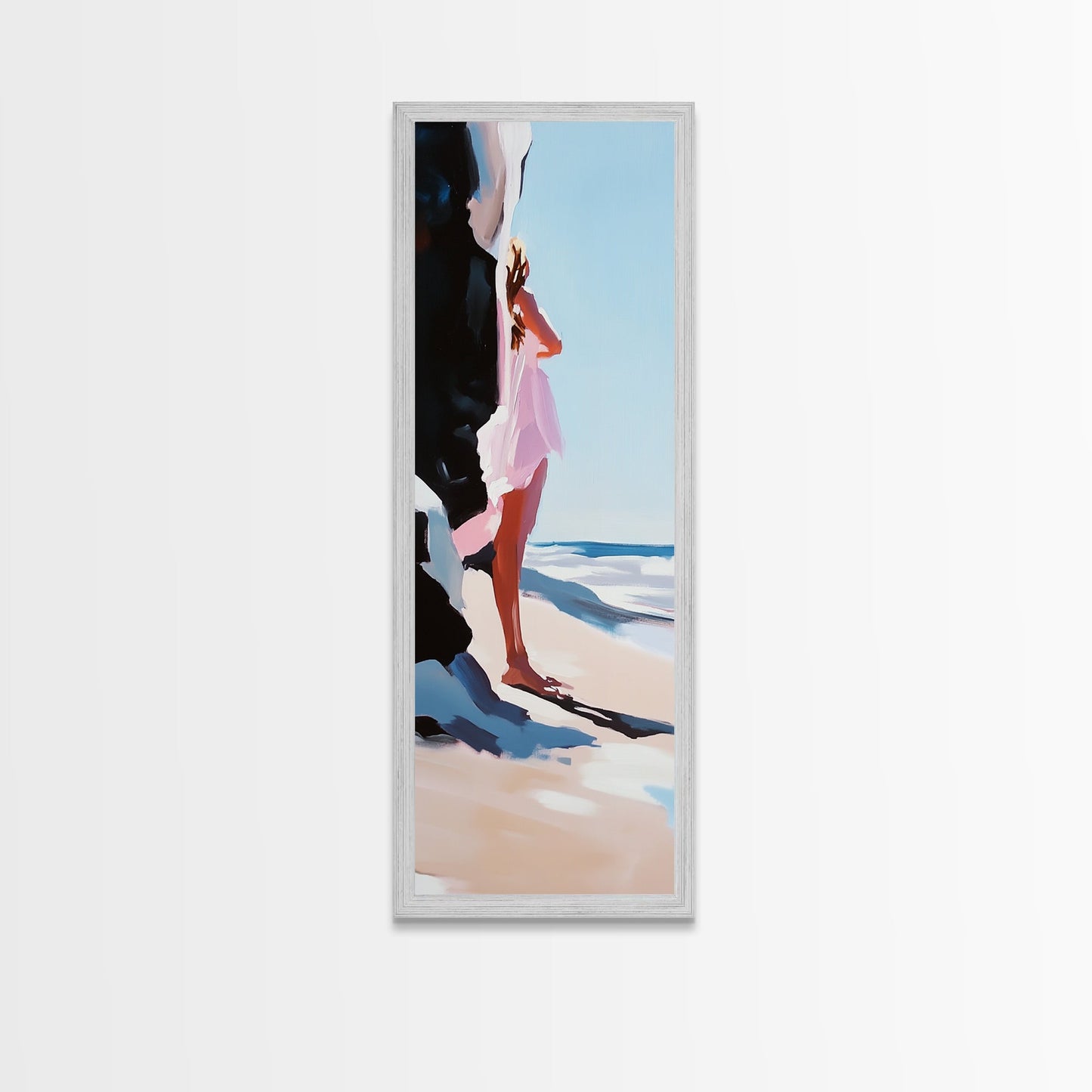 Serene Woman, Beach Reflection, Feminine Art, Framed Canvas Print, Coastal Aesthetic, Boho Minimalist, Bedroom Decor, Neutral Palette