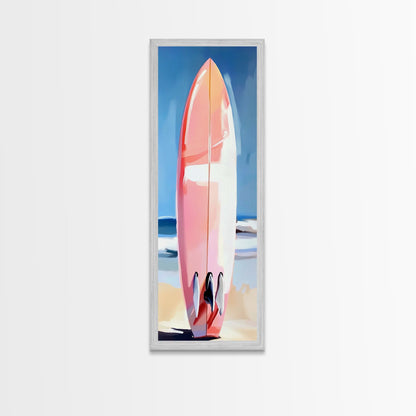 Pinkes Surfbrett, Strandhaus-Kunst, Küstenästhetik, Surfer-Lifestyle, Sommerfeeling, Gerahmter Leinwanddruck mit Ozeanmotiv, Moderne Wanddekoration