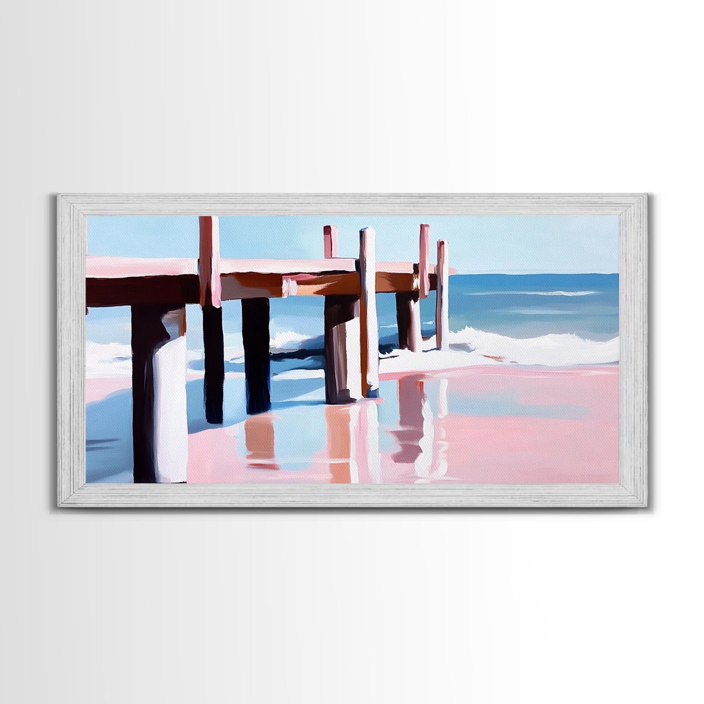 Strandpier-Gemälde, Küstenlandschaft, maritime Kunst, minimalistische moderne Ästhetik, entspannende sommerliche Wanddekoration, Leinwanddruck